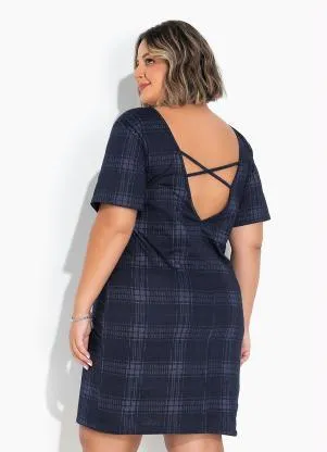 Marguerite - Vestido Xadrez Azul Jeans com Mangas Plus Size - MARGUERITE