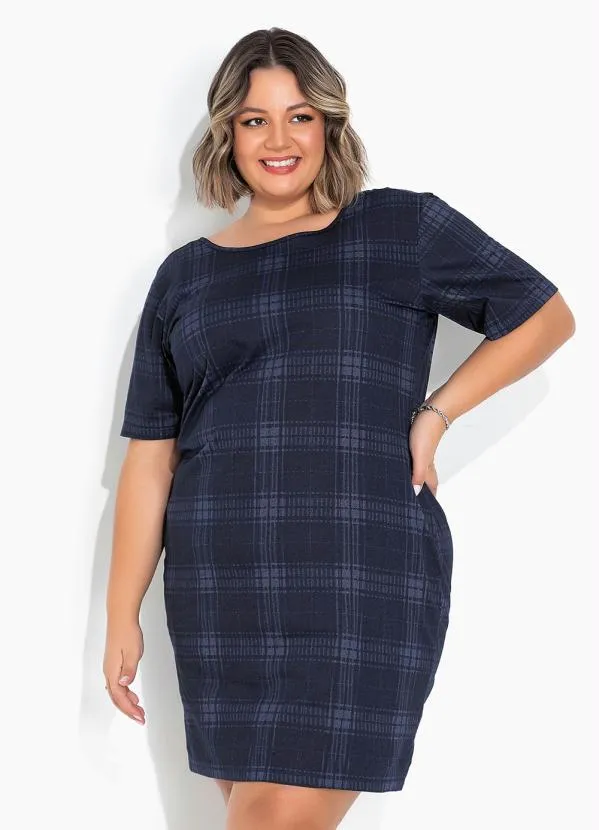 Marguerite - Vestido Xadrez Azul Jeans com Mangas Plus Size