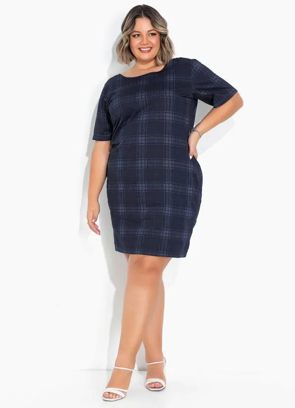 Marguerite - Vestido Xadrez Azul Jeans com Mangas Plus Size 4