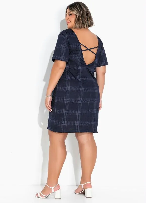 Marguerite - Vestido Xadrez Azul Jeans com Mangas Plus Size 5