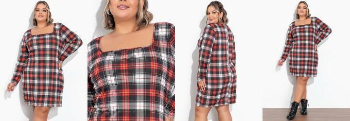 Vestido Xadrez Decote Quadrado Plus Size
