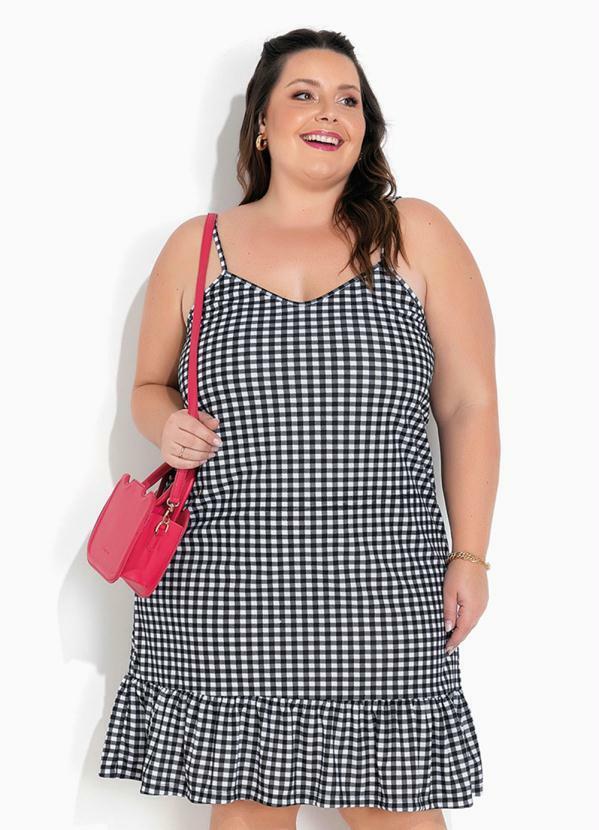 Marguerite - Vestido Xadrez Preto Barra com Babado Plus Size