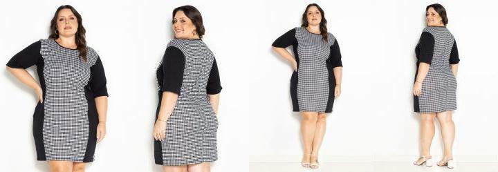 Vestido Xadrez Preto com Recortes Plus Size