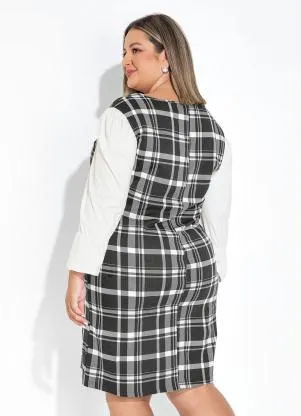 Marguerite - Vestido Xadrez Preto Mangas Bufantes Plus Size - MARGUERITE