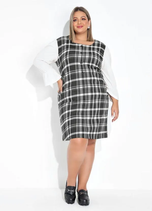 Marguerite - Vestido Xadrez Preto Mangas Bufantes Plus Size 4
