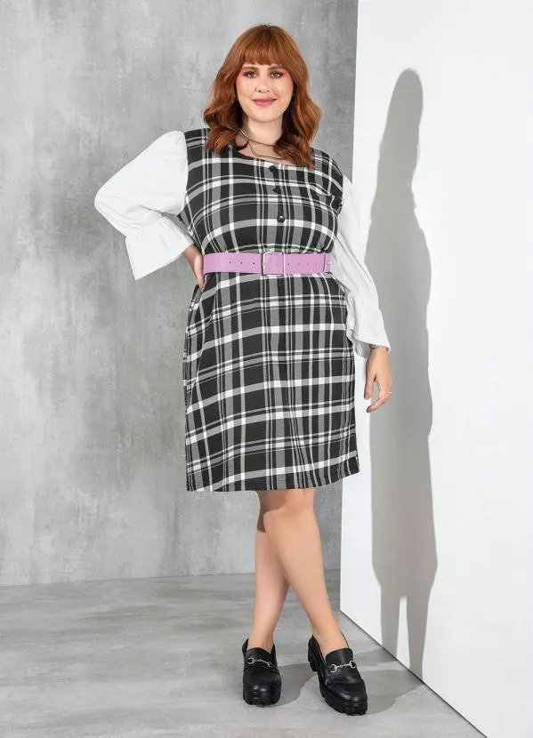 Marguerite - Vestido Xadrez Preto Mangas Bufantes Plus Size 5