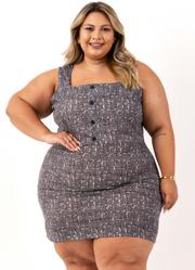 Vestido Xadrez Tweed Cinza em Malha