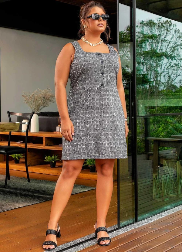 Marguerite - Vestido Xadrez Tweed Cinza em Malha 6