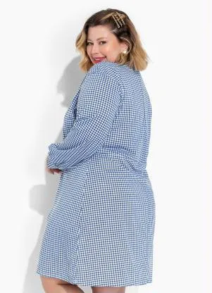 Marguerite - Vestido Xadrez Vichy Azul com Mangas Plus Size - MARGUERITE
