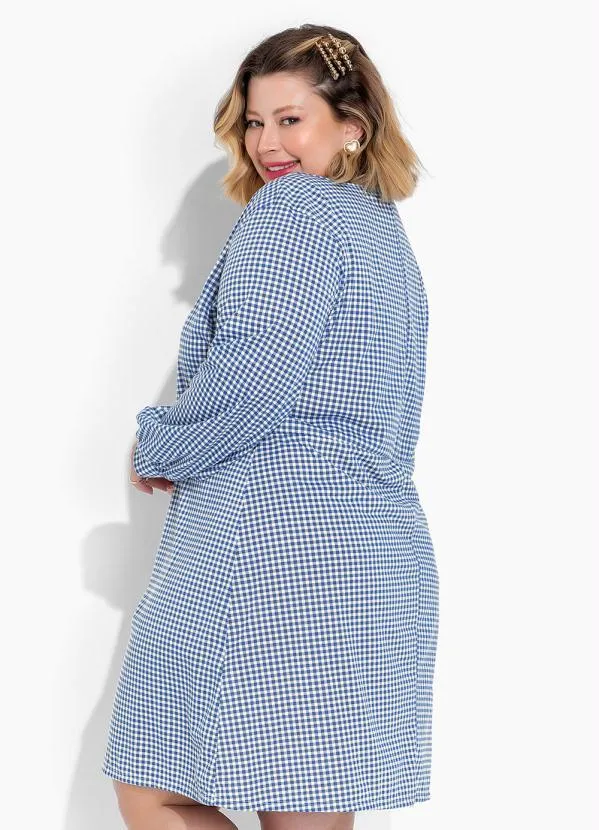 Marguerite - Vestido Xadrez Vichy Azul com Mangas Plus Size 2