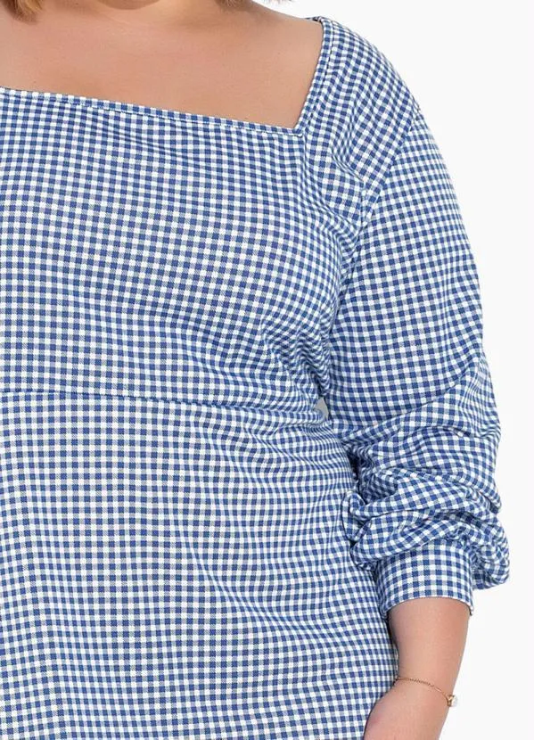 Marguerite - Vestido Xadrez Vichy Azul com Mangas Plus Size 3