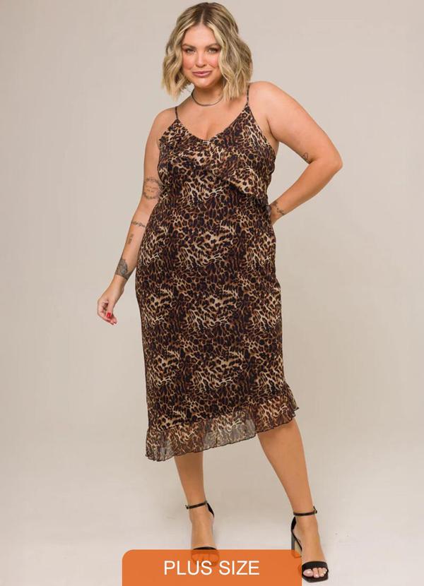 Cess - Vestido Midi com Babado Animal Print Marrom