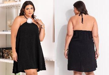 Vestido Preto em Tecido Plano com Flor 3d