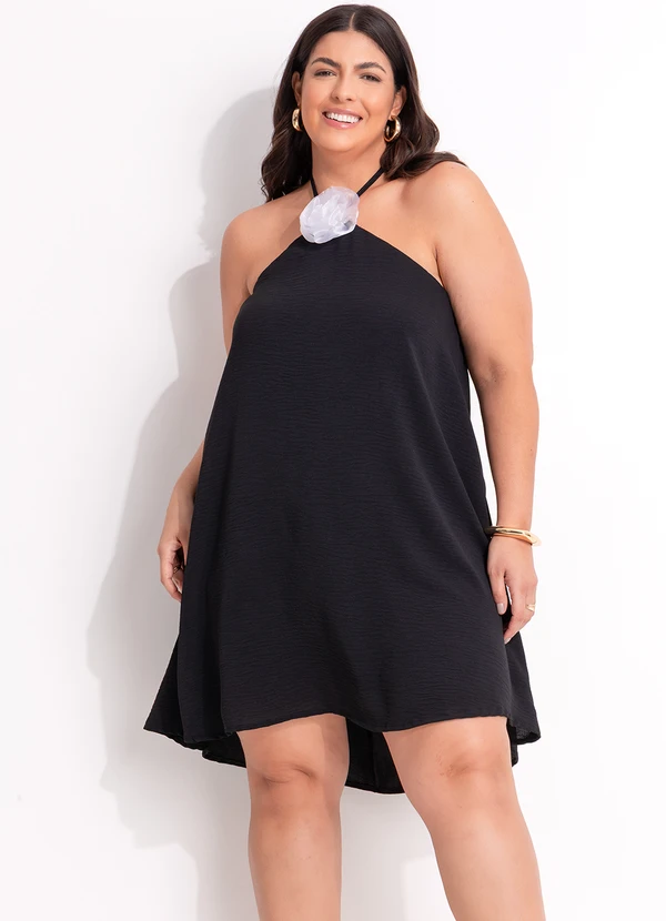 Marguerite - Vestido Preto em  Tecido Plano com Flor 3d 2