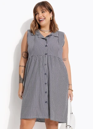 Marguerite - Vestido Azul Marinho em Meia Malha Listrada - MARGUERITE