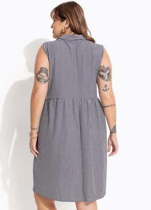 Marguerite - Vestido Azul Marinho em Meia Malha Listrada - MARGUERITE