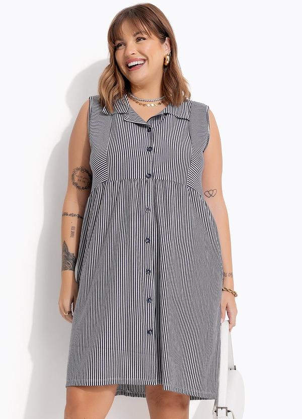 Vestido (Azul Marinho) em Meia Malha Listrada