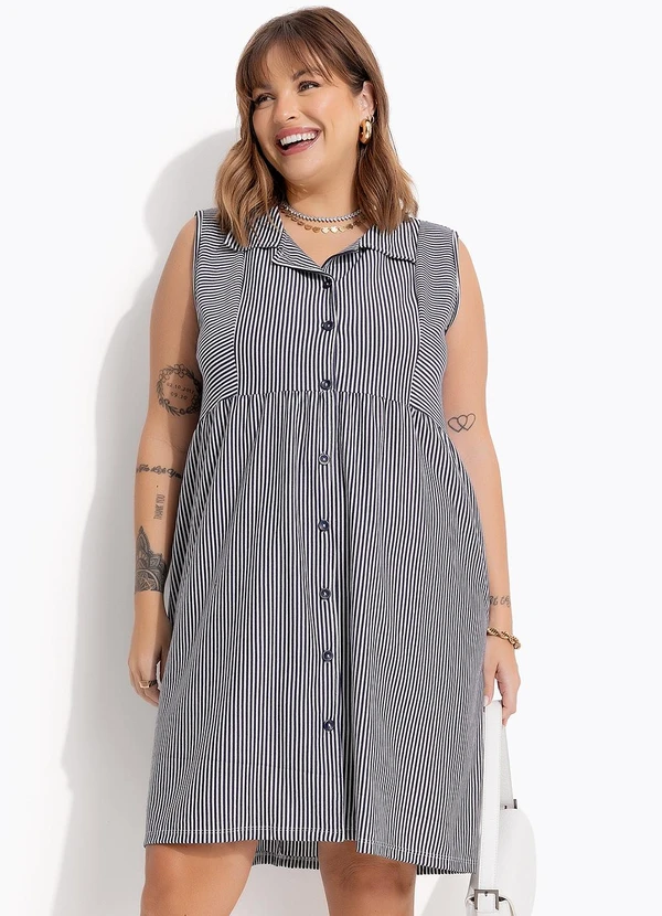 Marguerite - Vestido Azul Marinho em Meia Malha Listrada