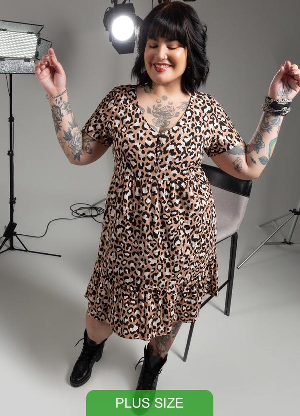 Cativa - Vestido Plus Size Estampado Bege