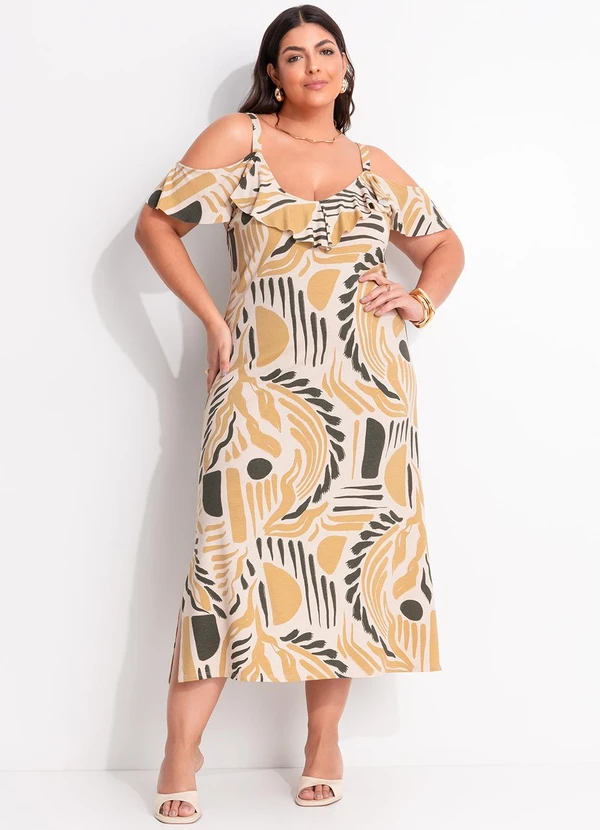 Marguerite - Vestido Abstrato Bege em Malha de Viscose