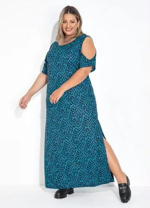 Marguerite - Vestido Animal Print Azul com Fendas Plus Size - MARGUERITE