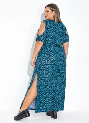 Marguerite - Vestido Animal Print Azul com Fendas Plus Size - MARGUERITE