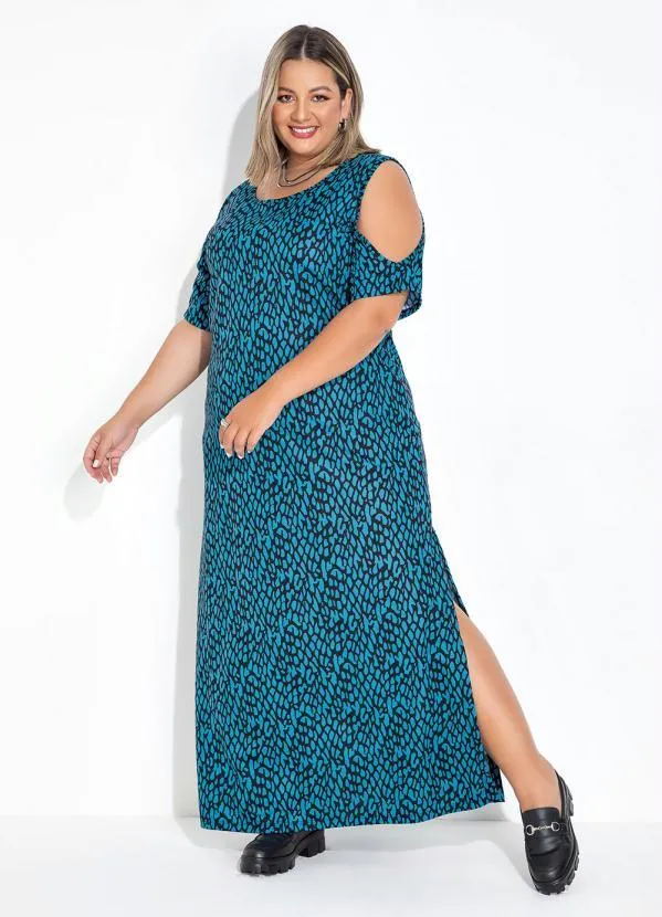 Marguerite - Vestido Animal Print Azul com Fendas Plus Size