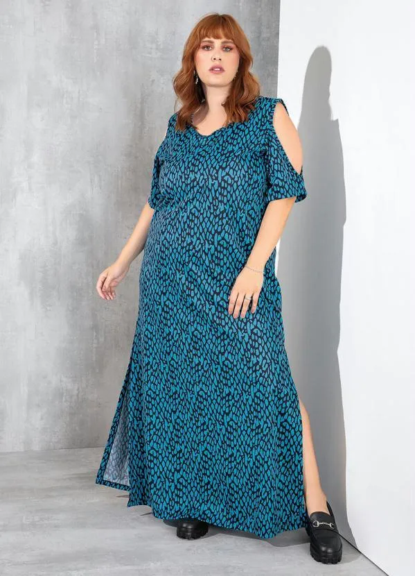 Marguerite - Vestido Animal Print Azul com Fendas Plus Size 4