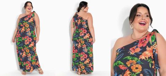 Vestido Assm�trico Floral Marinho Plus Size