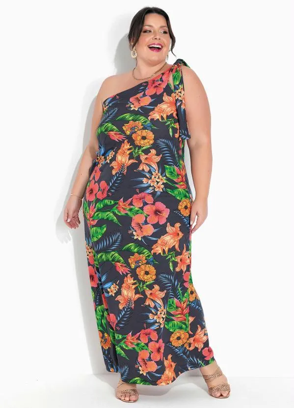 Marguerite - Vestido Assmétrico Floral Marinho Plus Size