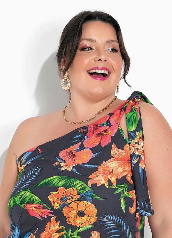 Marguerite - Vestido Assmétrico Floral Marinho Plus Size