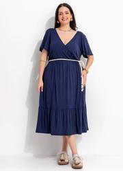 Vestido Azul Marinho em Malha de Viscose com Corda na Cintura