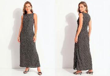 Vestido Coluna Cinza em Malha Jacquard Texturizada