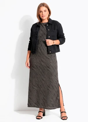 Quintess - Vestido Coluna  Cinza em Malha Jacquard Texturizada - QUINTESS