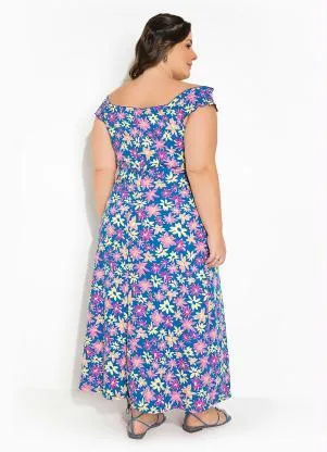 Marguerite - Vestido Floral Azul com Lastex Plus Size - MARGUERITE
