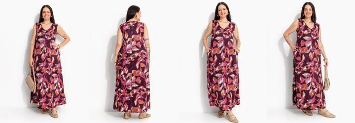 Vestido Floral Borrado Vermelho em Malha Fria com Bolsos