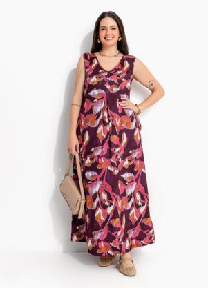 Vestido Floral Borrado Vermelho em Malha Fria com Bolsos