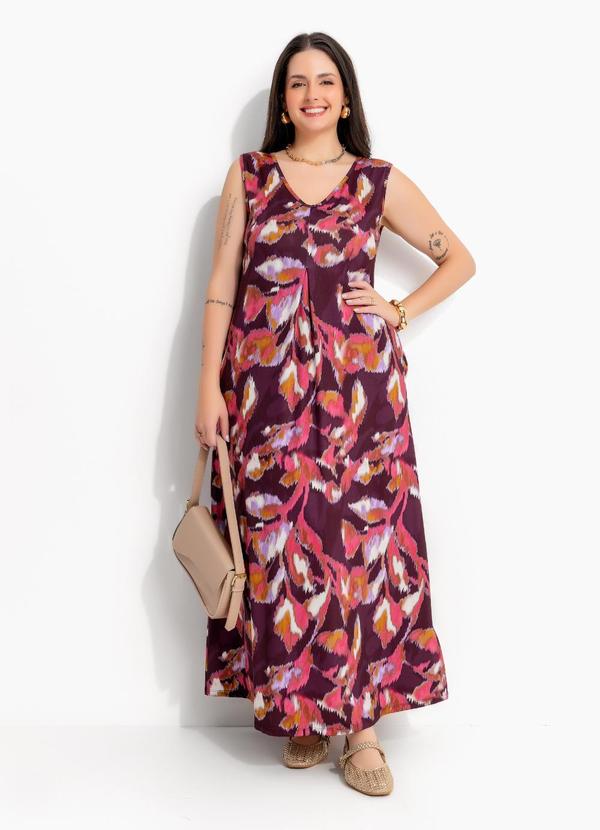 Vestido Floral Borrado Vermelho em Malha Fria com Bolsos