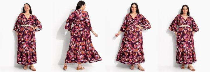 Vestido Floral Borrado Vermelho Longo em Malha Fria
