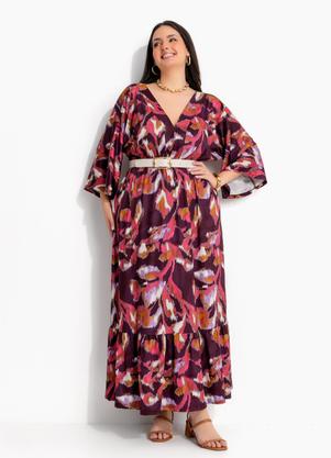 Vestido Floral Borrado Vermelho Longo em Malha Fria