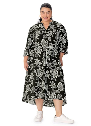 Malwee - Vestido Floral Evasê Plus Preto - MALWEE