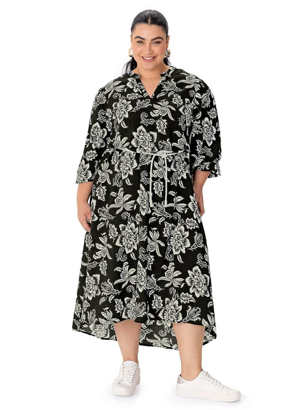 Malwee - Vestido Floral Evasê Plus Preto 1