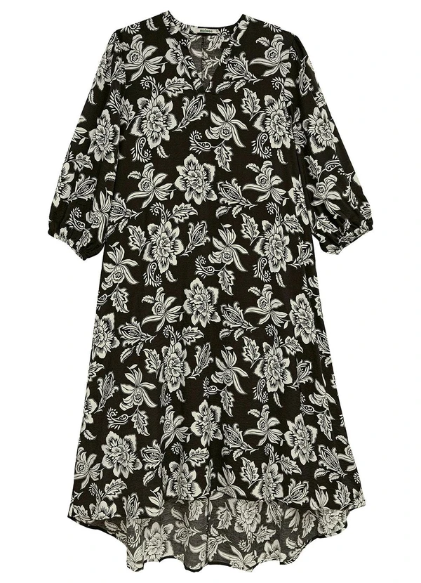 Malwee - Vestido Floral Evasê Plus Preto 2