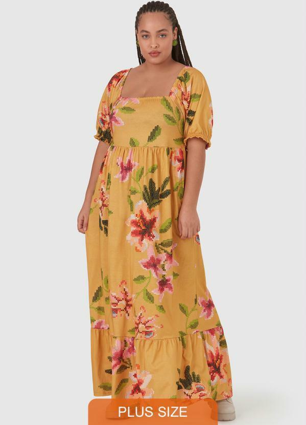 Malwee Plus - Vestido Floral Longo Plus Size Amarelo