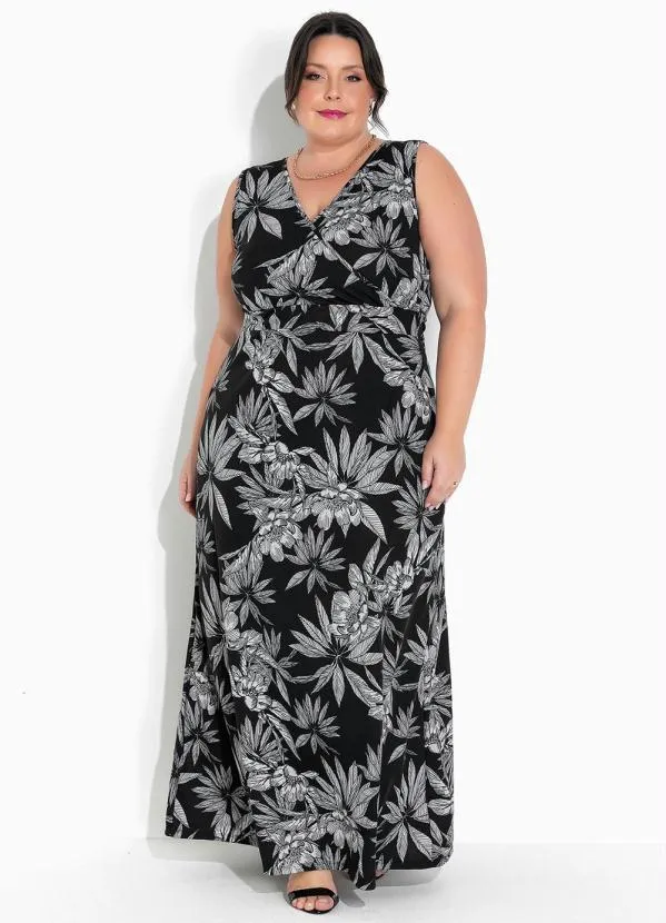 Marguerite - Vestido Floral Preto Longo Plus Size