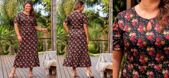 Vestido Floral Rosas Preto em Jersey Acetinado