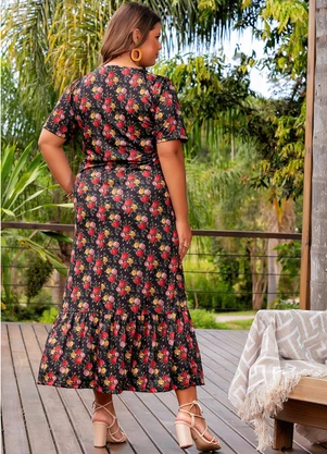 Marguerite - Vestido Floral Rosas Preto em Jersey Acetinado - MARGUERITE