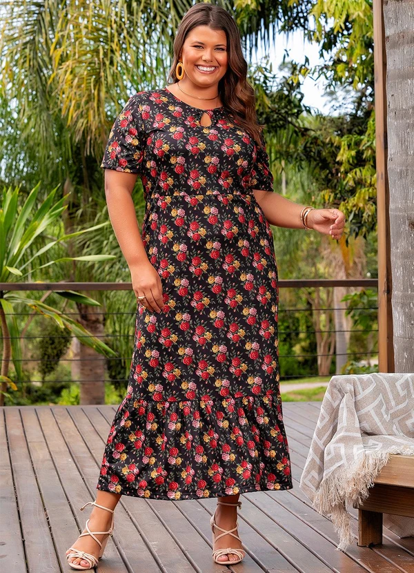 Marguerite - Vestido Floral Rosas Preto em Jersey Acetinado