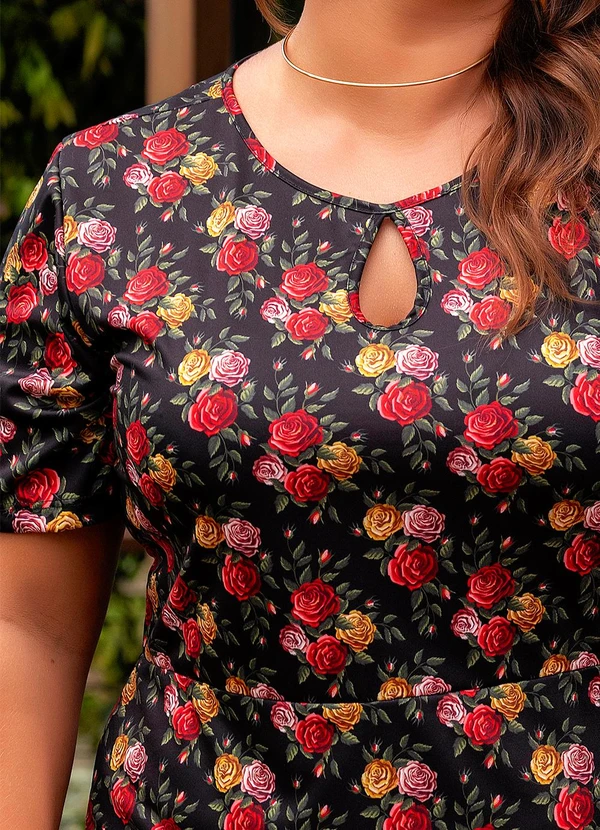 Marguerite - Vestido Floral Rosas Preto em Jersey Acetinado