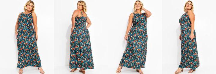 Vestido Folhagem Araras em Jersey Acetinado